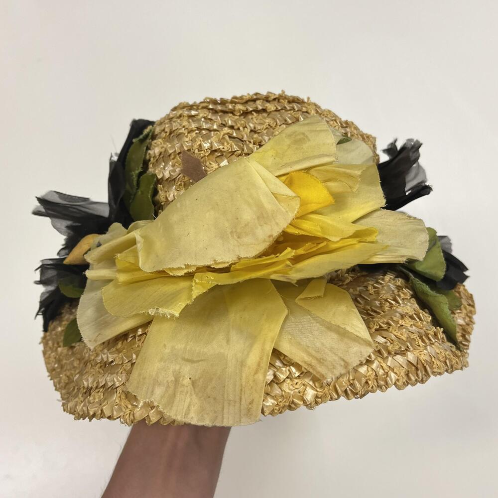 Vintage Mr Rickie Hat Cap Straw Floral Yellow Black Wide Brim Womens Spring 50s